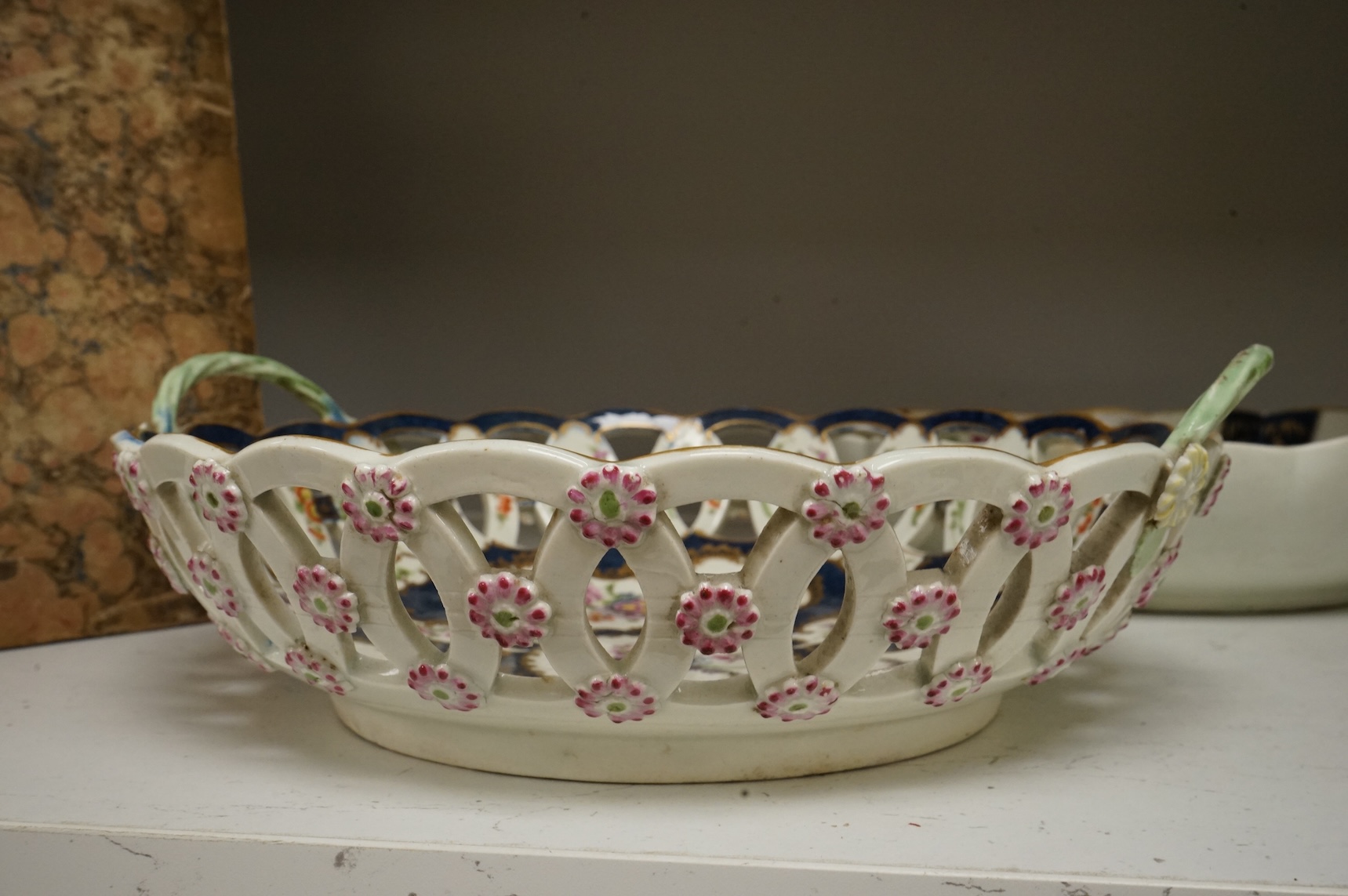 A Worcester scale blue two handled basket, c.1775, 28cm wide, and a similar bowl